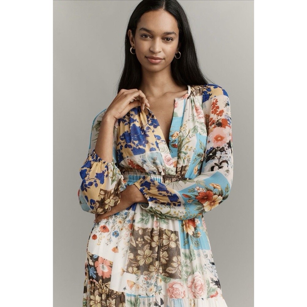 Anthropologie Maxi Dress Somerset Floral Long Sleeve Chiffon Boho Preppy XXS NWT
